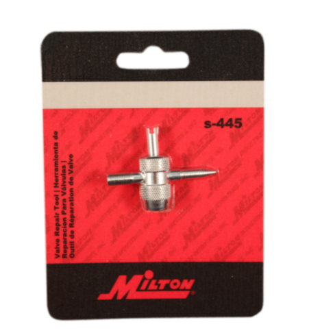 Milton 4-in-1 valve repair tool used for rethreading inside and outside of valve stem, insertion or removal of valve cores.