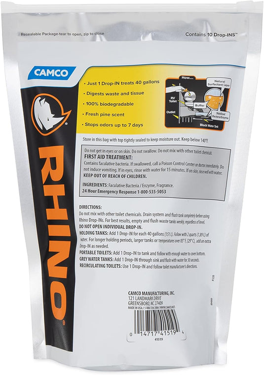 Camco RhinoFLEX Premium Enzyme RV Holding Tank Treatment Drop-INs - 10 PACK - 41519