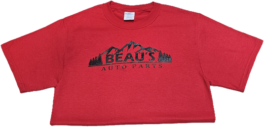 Custom Beau's Auto Parts T-shirt with mountain logo 50/50 blend
