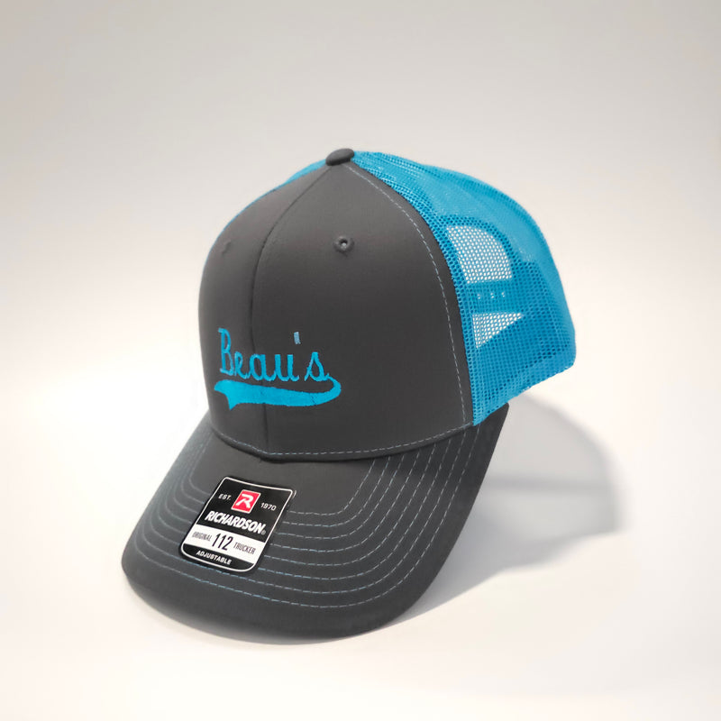 Load image into Gallery viewer, Beau&#39;s Auto custom Richarson 112 trucker style snap-back hat in the neon blue/charcoal color.
