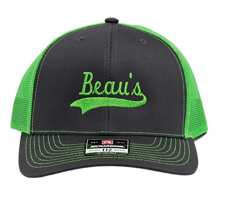 Beau's Auto Parts Richardson 112 trucker style hat in neon green/charcoal.