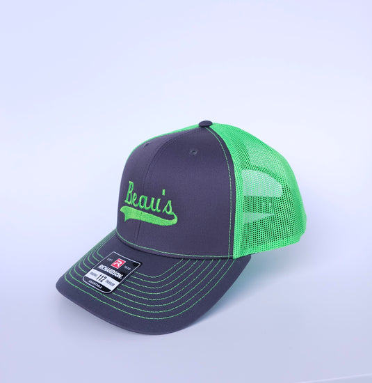 Beau's Auto custom Richarson 112 trucker style snap-back hat in the neon green/charcoal color.