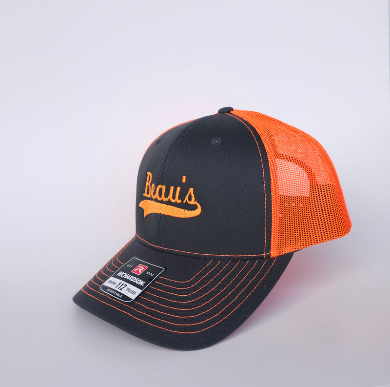 Load image into Gallery viewer, Beau&#39;s Auto custom Richarson 112 trucker style snap-back hat in the neon orange/charcoal color.
