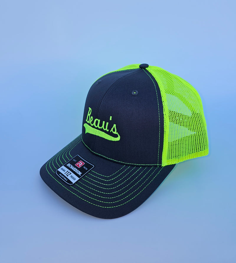 Load image into Gallery viewer, Beau&#39;s Auto custom Richarson 112 trucker style snap-back hat in the neon yellow/charcoal color.
