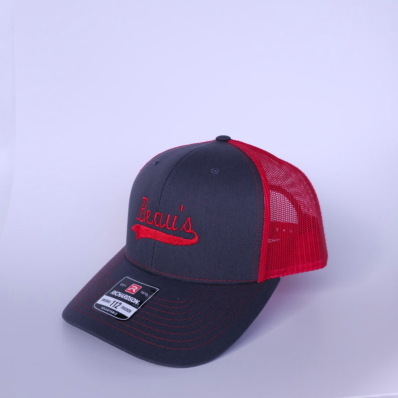 Load image into Gallery viewer, Beau&#39;s Auto custom Richarson 112 trucker style snap-back hat in the red/charcoal color.

