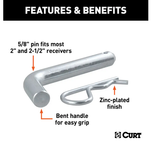 Curt 5/8" hitch pin to hold your hitch to your vehicle with a 2' or 2-1/2" shank.