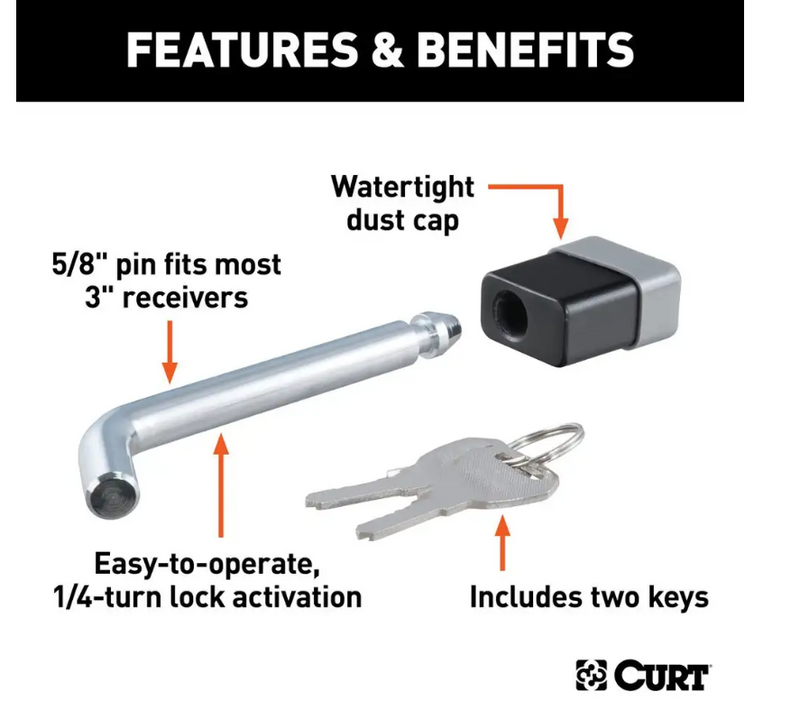 Load image into Gallery viewer, Curt locking hitch pin featuring a 5/8&quot; pin fitting a 2&quot;, 2-1/2&quot;, or 3&quot; receiver tube size
