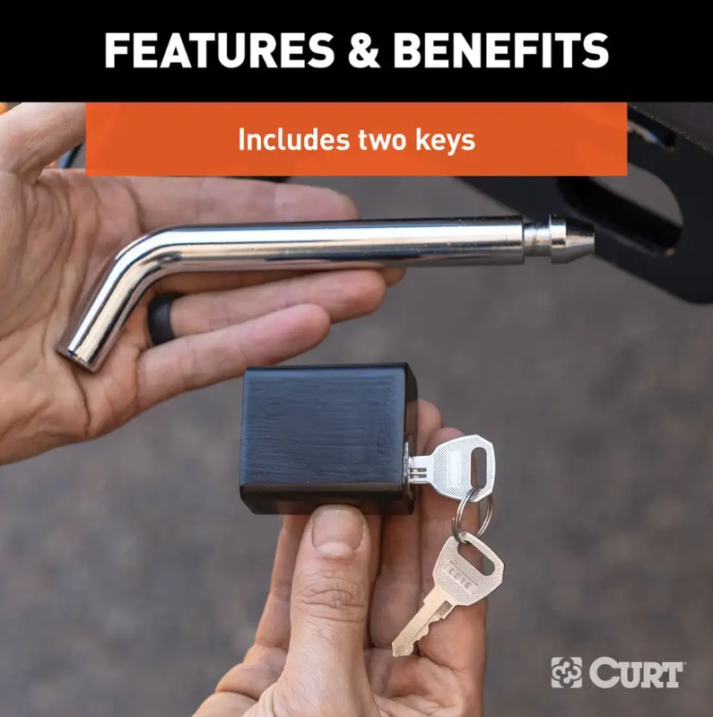 Load image into Gallery viewer, Curt locking hitch pin featuring a 5/8&quot; pin fitting a 2&quot;, 2-1/2&quot;, or 3&quot; receiver tube size
