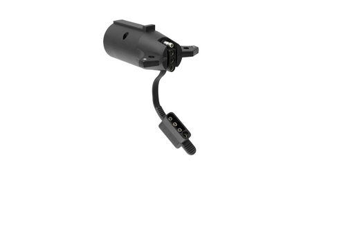 Curt 7 Blade to 4-way flat plug adapter featuring a vehicle-side wiring LED tester.