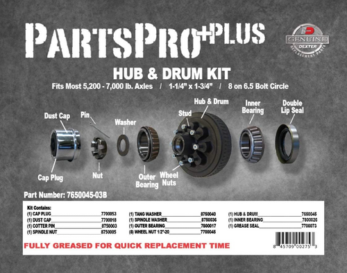 Dexter hub kit including bearings, seals, nut, washers, and dust cap.