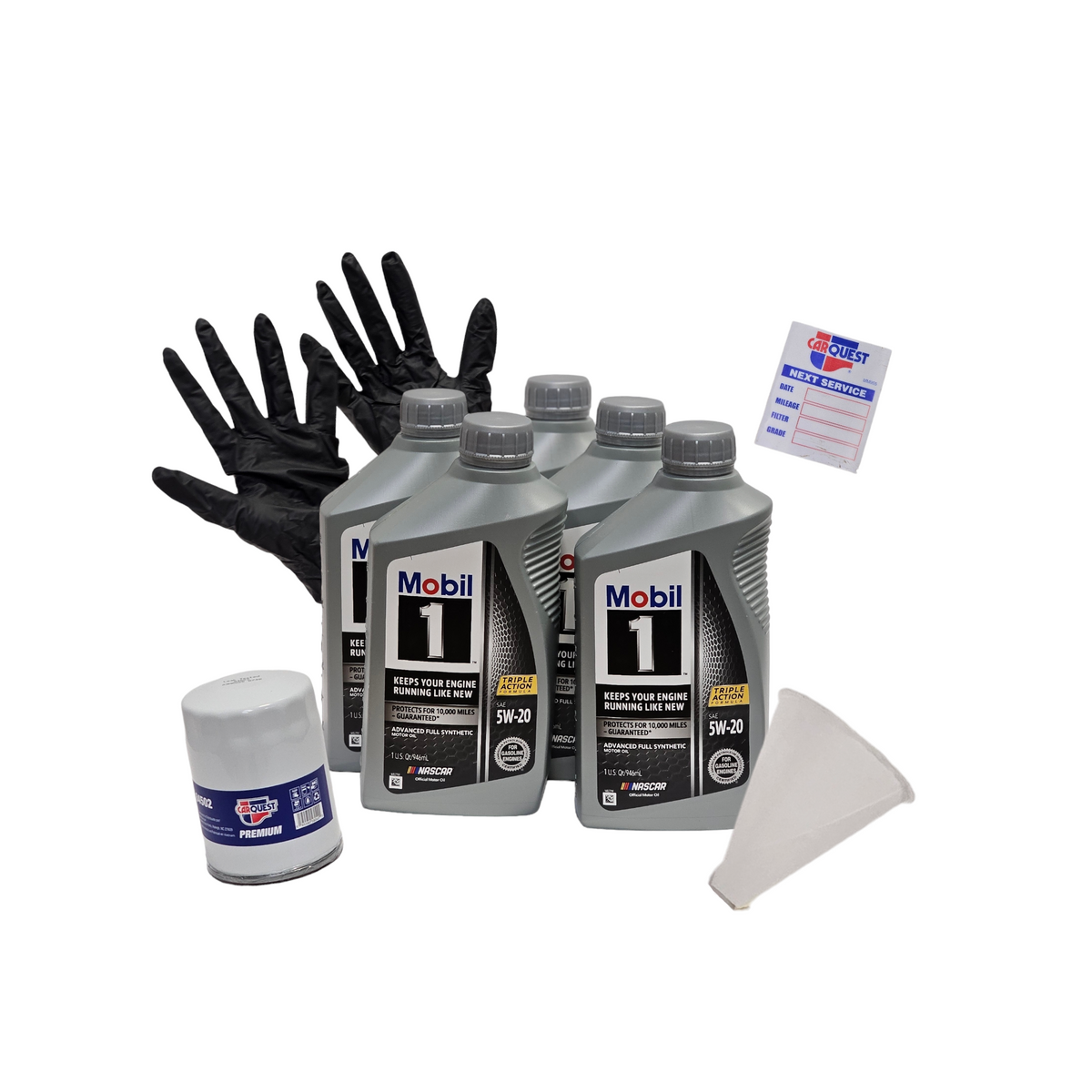 Oil Change Bundle for your car including premium synthetic oil, premium oil filter, funnel, nitrile gloves, and a window sticker.