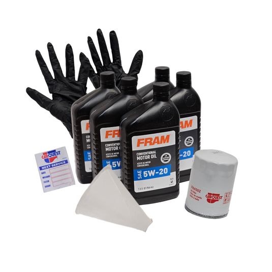 Oil change kit that includes conventional oil, gloves, standard filter, funnel, and window sticker.