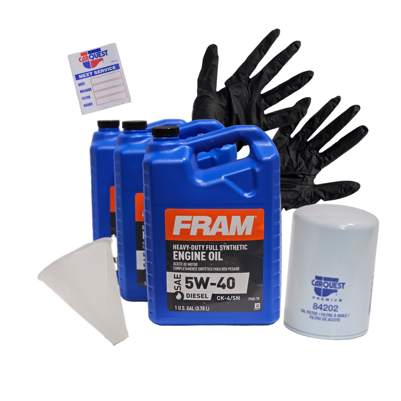 Load image into Gallery viewer, Oil Change Bundle for an HD truck including synthetic oil, premium filter, funnel, nitrile gloves, and a window sticker

