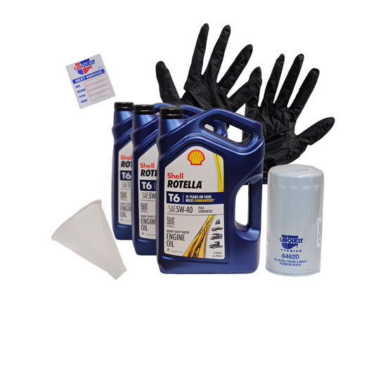 Oil Change Bundle for an HD truck including Rotella synthetic oil, premium filter, funnel, nitrile gloves, and a window sticker