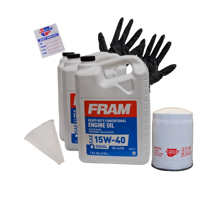 Load image into Gallery viewer, Oil Change Bundle for an HD truck including conventional oil, standard filter, funnel, nitrile gloves, and a window sticker
