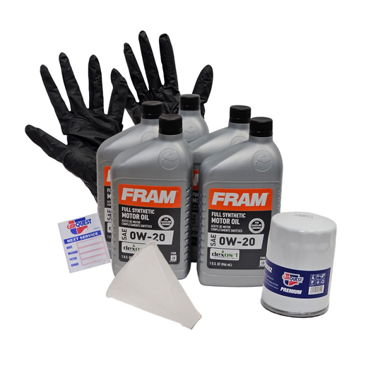 Oil change kit that includes synthetic oil, gloves, premium filter, funnel, and window sticker.